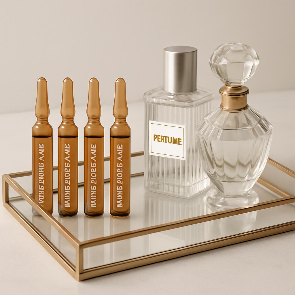 This image features perfume and vitamin samples on a reflective glass tray, accompanied by a white backdrop. The four glas...