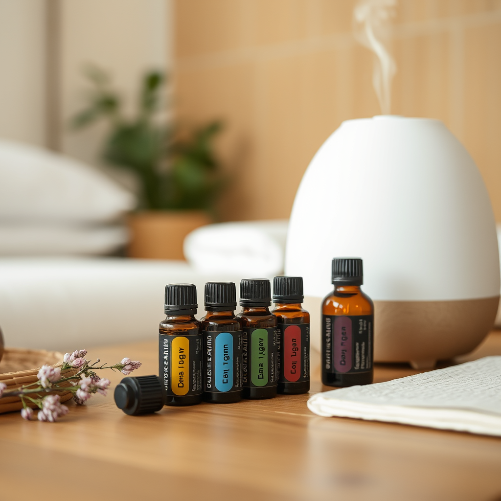 Droplettes-aromathérapie-environnemental diffuser - photo promotionnelle - bouteilles d'huile essentielle vitrine - bouque...